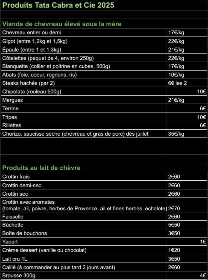 Tarifs 2025 tatacabra
